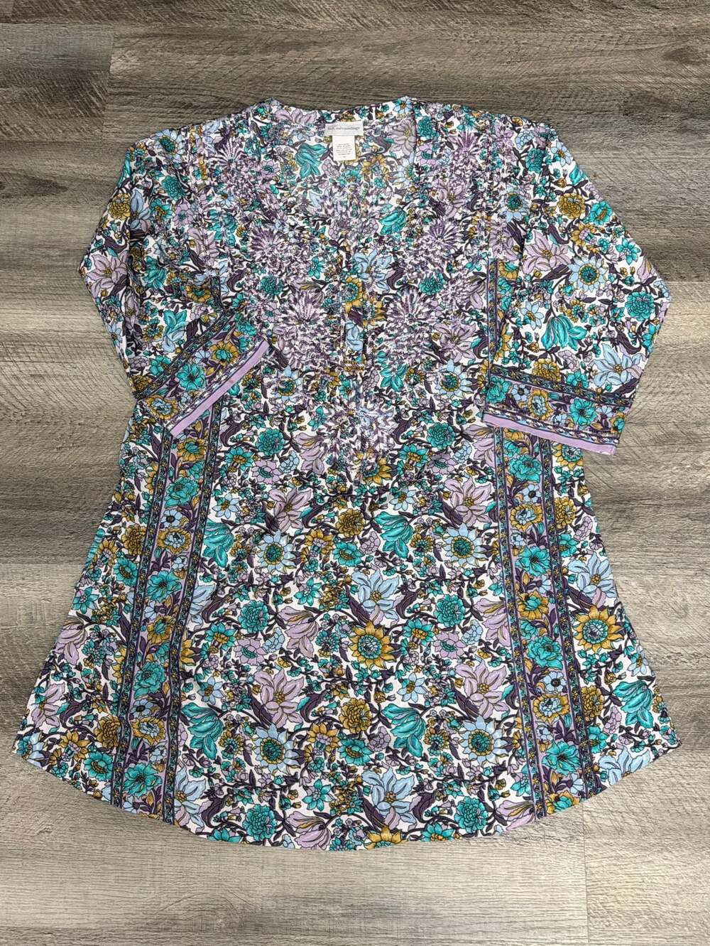 Soft Surroundings Purple and Turquoise  EmbroideredFloral V-Neck Tunic Dress